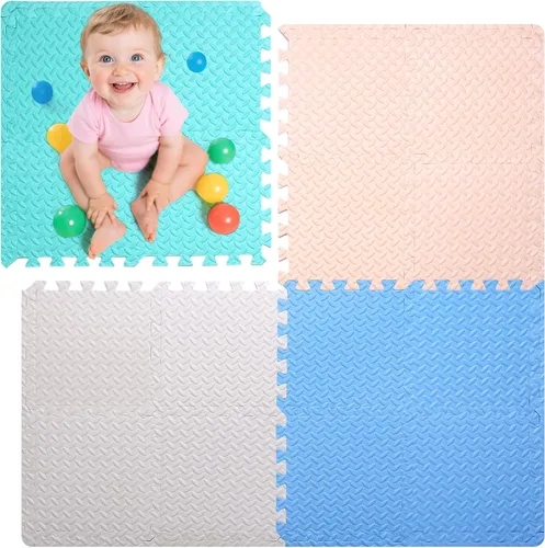 Miniatura 16 de Coolcandy Tapete de juego de espuma para bebé, 16 piezas con tiras de borde, azulejos de piso entrelazados de 4 colores, tapete de piso