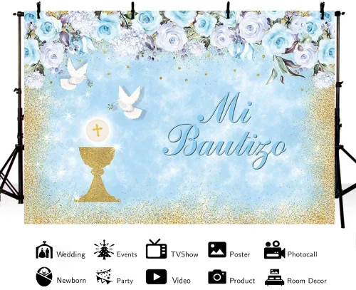 Miniatura 2 de AIBIIN Mi Bautizo - Telón de fondo para niño, cartel de bautizo de palomas de cáliz dorado, fondo para fotografía de bautizo, floral azul, primera
