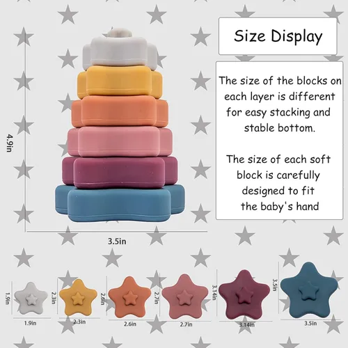 Miniatura 5 de Anillos apilables de silicona con forma de estrella, bloques de apilador suave para bebés, juguetes sensoriales de desarrollo, estrella retro