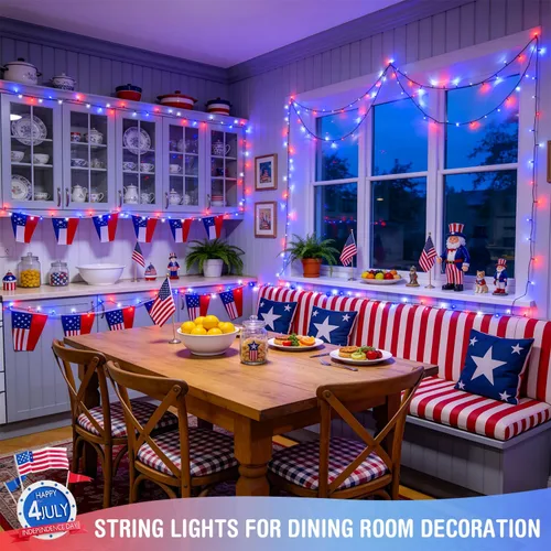 Miniatura 9 de JMEXSUSS 250 luces LED rojas, blancas y azules para decoraciones del 4 de julio, luces patrióticas conectables de 91.5 pies para exteriores