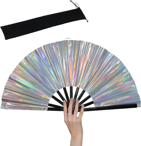 Miniatura 15 de HeyToo Ventilador de mano plegable grande y brillante para fiesta, club nocturno, festival, Halloween, accesorios de traje de 13 pulgadas, azul