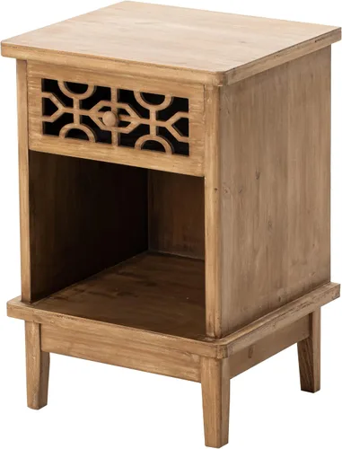 Miniatura 7 de Mesita de noche rústica, mesa auxiliar de madera maciza, mesa auxiliar retro de granja con parte delantera tallada a mano y estante abierto, natural