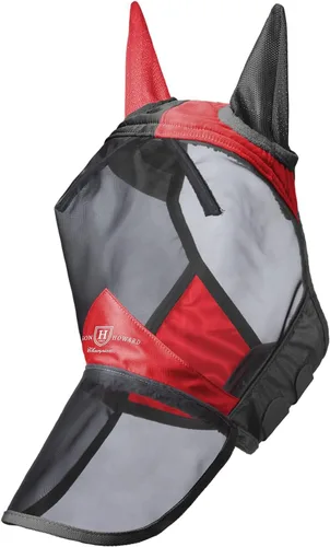 Miniatura 2 de Harrison Howard Pro Luminous Horse Fly Máscara de nariz larga con orejas protección UV para caballo, rojo escarlata, negro, mazorca mediana
