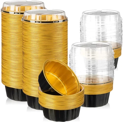 100 paquetes de ramequines desechables con tapas de 8 oz, ramequines de papel de aluminio para creme brulee, forros desechables para magdalenas para