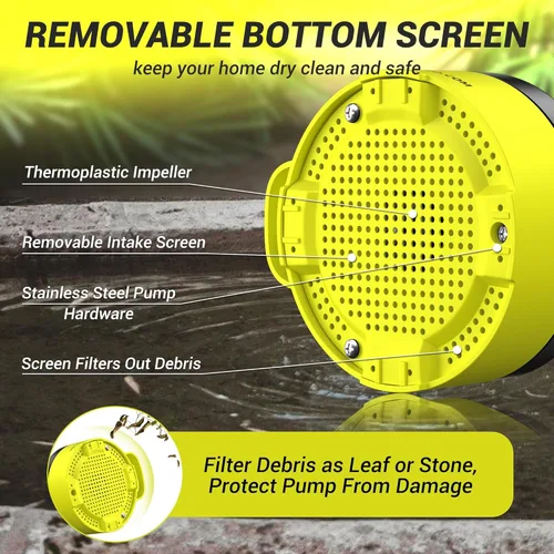 Miniatura 6 de Bomba de sumidero PHLEX PRO de 1/2HP - Bomba de agua sumergible de 2650GPH, bomba de utilidad termoplástica eléctrica portátil de transferencia