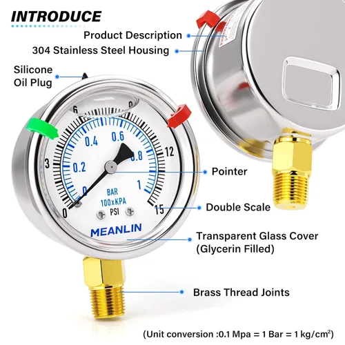 Miniatura 35 de MEANLIN MEASURE Medidor de presión de acero inoxidable relleno de líquido de 0 ~ 300 psi, esfera de cara NPT de 2 pulgadas para compresor de aire