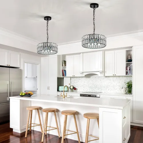 Miniatura 5 de Lámpara Colgante de Cristal de 4 Luces Araña Moderna Negra Pequeña de 12" Cristal Semi Empotrada Luz de Techo Redonda para Isla de Cocina, Negro