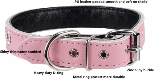 Miniatura 2 de Collares de piel auténtica con diamantes de imitación para perros pequeños y medianos de 1 pulgada de ancho Rosado
