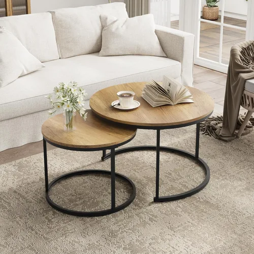 Miniatura 10 de Smuxee - Juego de 2 mesas de café anidadas, mesa redonda de café de 23.6" de madera marrón con pies antideslizantes ajustables, mesa auxiliar