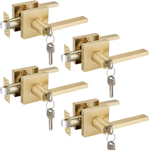 Miniatura 20 de EHOMEWARE Juego de manijas de puerta delantera doradas, palanca de puerta cuadrada resistente de latón y cerrojo de un solo cilindro reversible