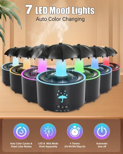 Miniatura 7 de Humidificador estético 2 en 1 difusor de aceite con gota de lluvia giratoria y 7 luces LED de estado de ánimo, humidificador de niebla fría