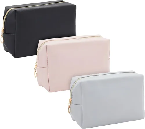 Glamlily Paquete de 3 bolsas de maquillaje de piel sintética con cremallera, bolsas de cosméticos de viaje (3 colores neutros)