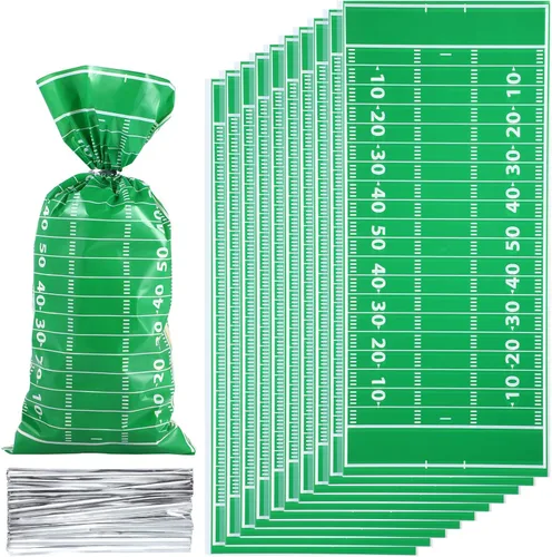 Blulu 100 bolsas de golosinas de fútbol de celofán sellables con calor y lazos plateados para decoración de fiesta de cumpleaños temática de fútbol