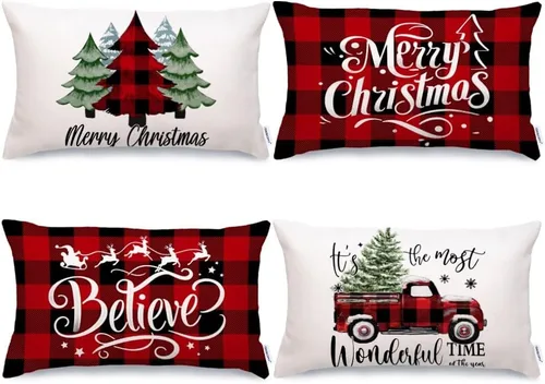 Miniatura 9 de GEEORY Fundas de Almohada Decorativas Feliz Navidad 16x16 Pulgadas Juego de 4, Árboles de Navidad Camión Cuadros Buffalo Azul Believe Estilo Granja