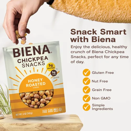 Miniatura 5 de BIENA Chickpea Snacks - Garbanzos tostados crujientes - Snacks ricos en fibra y proteína para adultos y niños - Paquete de 4, bolsas de 5 onzas