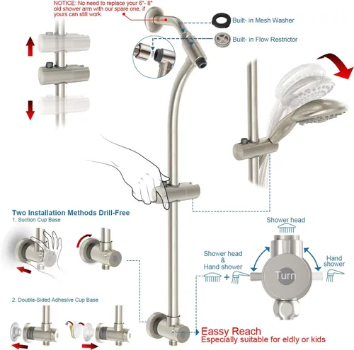 Miniatura 2 de Combo de regadera manual y de lluvia para fácil alcance, barra deslizante de acero inoxidable de 27.5" sin necesidad de perforación, regadera manual