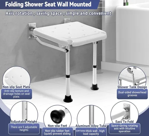 Miniatura 3 de Silla de pared plegable de altura ajustable de 5 velocidades (16.5-20.4 pulgadas) con una capacidad de peso de 400 libras, adecuada para baños