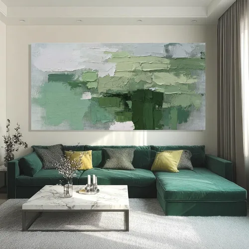 Miniatura 6 de SHEYOYE Lienzo abstracto de montaña gris azul y gris pardo con colinas verde oliva, 32 x 71 pulgadas, decoración de paisaje con textura grande