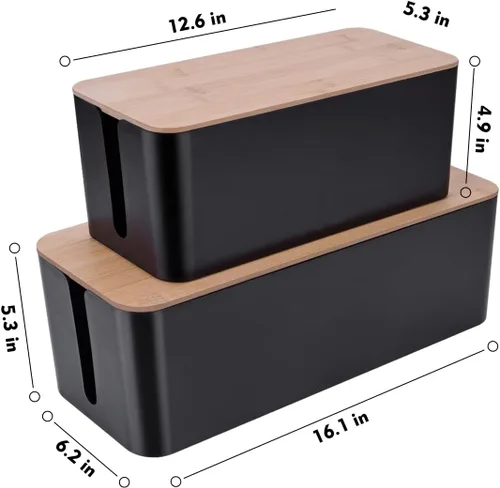 Miniatura 3 de Paquete de 2 cajas grandes para organizar cables, caja organizadora de cables de estilo madera y cubierta para cables de TV, computadora, enrutador