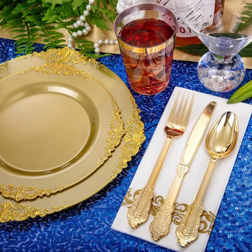 Miniatura 2 de Morejoy 175 platos de plástico dorado macizo con borde dorado, los juegos de vajilla desechables dorados incluyen 25 platos llanos, 25 platos