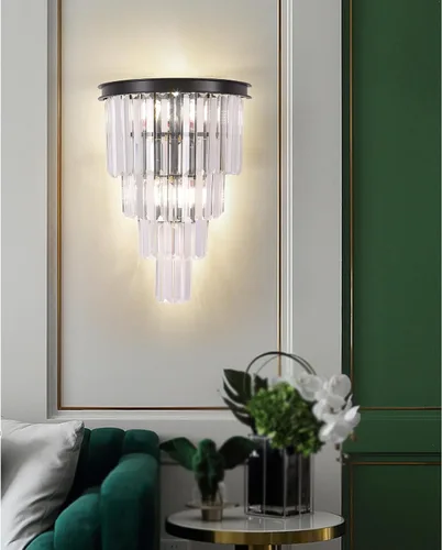 Miniatura 4 de Aplique de pared de cristal negro, moderno K9 de 4 niveles, lámpara de pared de cristal transparente para sala de estar, dormitorio, espejo