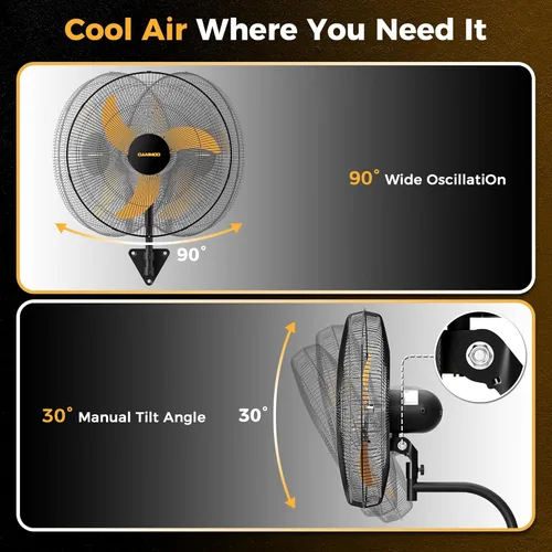 Miniatura 7 de CAMMOO Ventilador oscilante de montaje en pared de 20 pulgadas, control remoto extendido con cable de 3.3 pies y cable de alimentación de 6.6 pies