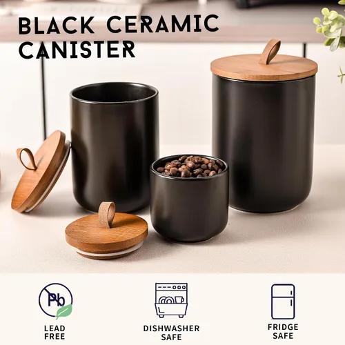 Miniatura 4 de Juego de recipientes de cerámica negra con tapas de bambú, tarros herméticos de almacenamiento de alimentos de 3 piezas para cocina, harina, azúcar