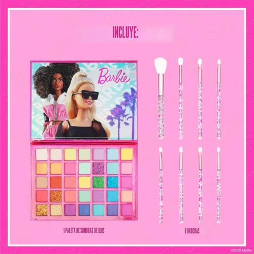 Miniatura 2 de Barbie - Paleta de Sombras de Ojos de 35 Compartimentos, Colores Brillantes y Opacos, Pigmentada Mezclable, 8 Pinceles de Aplicación, Para Edades