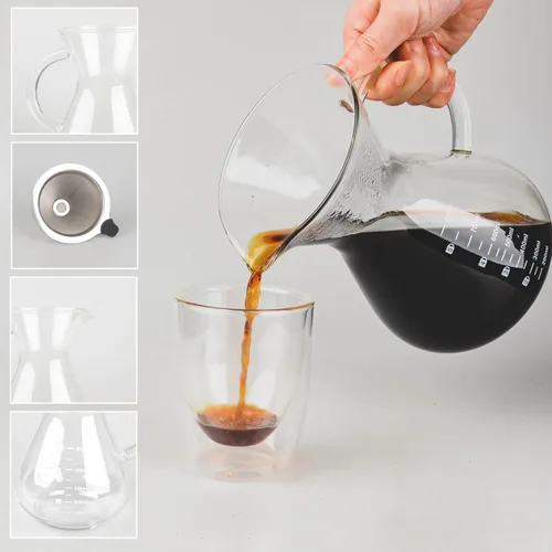 Miniatura 5 de T-mark Cafetera vertida con filtro reutilizable de acero inoxidable de doble capa, jarra de café de vidrio sin BPA de 13.5 fl oz/14oz, cafetera