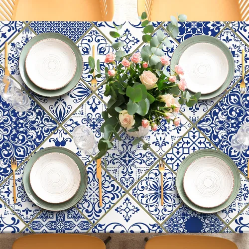Miniatura 3 de AnyDesign Mantel de mosaico azul y blanco de 60 x 104 pulgadas, rectangular, moderno, para el hogar, cocina, comedor, suministros de decoración