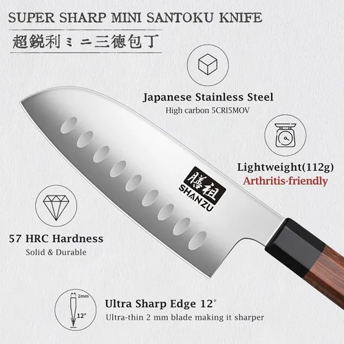 Miniatura 2 de SHAN ZU - Cuchillo Santoku de 5 pulgadas para manos pequeñas, cuchillo de cocina japonés de acero de alto carbono, cuchillos de chef afilados