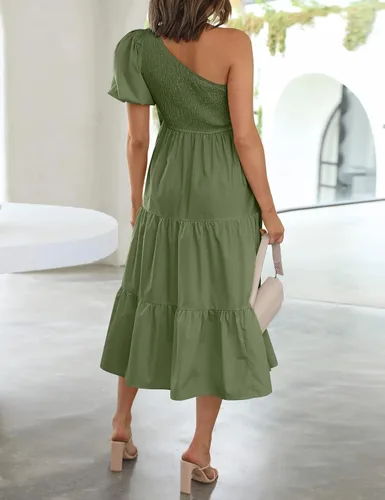 Miniatura 3 de Chriselda Vestido casual de manga corta con un hombro fruncido para mujer, cintura alta, con volantes, vestido midi para fiesta