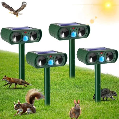 Paquete de 4 repelentes de animales ultrasónicos solares para exteriores, dispositivos repelentes de ciervos impermeables activados por movimiento,