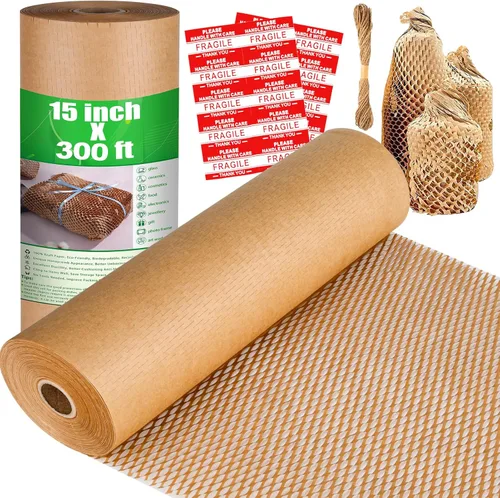 Papel de embalaje de nido de abeja, papel de embalaje de cojín reciclable de 15 pulgadas x 300 pies para envíos en movimiento, rompibles, papel