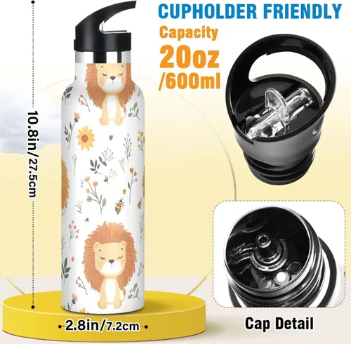 Miniatura 2 de Botella de agua aislada con popote Kawaii Lion White de doble pared aislada al vacío ligera para deportes, gimnasio, viajes al aire libre, escuela 01