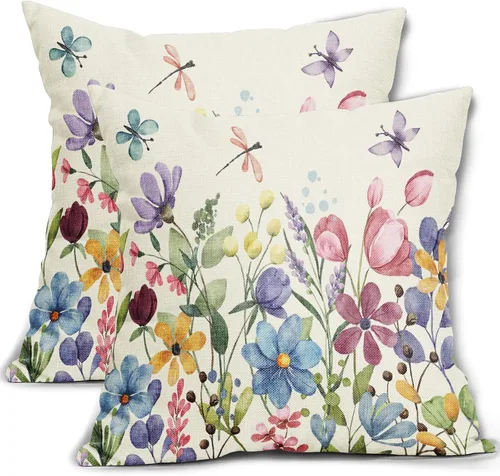 Miniatura 10 de Juego de 2 fundas de almohada de primavera de 16 x 16 pulgadas, diseño de conejo, flores rosas, hojas verdes salvia, plantas botánicas vintage