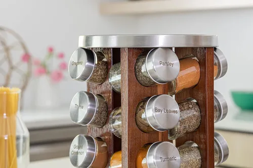 Miniatura 6 de Orii Repisa para 20 tarros de madera de acacia oscura con especias incluidas - Organizador giratorio en torre para especias y condimentos de cocina