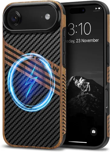 Miniatura 43 de TENDLIN Compatible con iPhone 17 Pro Max Funda de madera con textura de fibra de carbono Diseño de cuero híbrido delgado (negro)