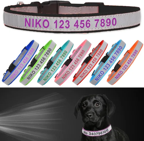 Collar reflectante personalizado para perro, nombre y número de teléfono bordado personalizado para mascotas con hebilla de nailon ajustable en 5