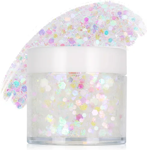 Miniatura 14 de Gel de purpurina blanca para la cara, purpurina corporal de sirena, festival, rave, carnaval, Halloween, cabello, lentejuelas para el cabello