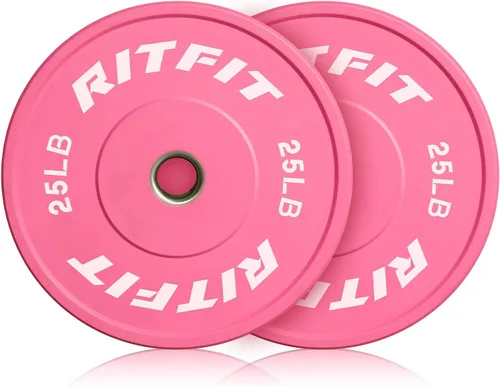 Miniatura 21 de RITFIT Placas de peso rosas, placa de pesas olímpicas de 2 pulgadas, placas de parachoques con inserto de acero, pesas rosas para gimnasio y hogar