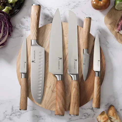 Miniatura 5 de Kangdelun Juego de 15 cuchillos y 4 cuchillos de chef, con caja de regalo, acero inoxidable de alto carbono ultra afilado, mango de madera