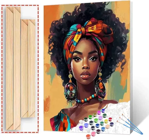 Miniatura 11 de Pintura de niña afro a la moda, kits de pintura por números, 16 x 20 pulgadas, lienzo de hojas tropicales, pintura al óleo para niños y adultos