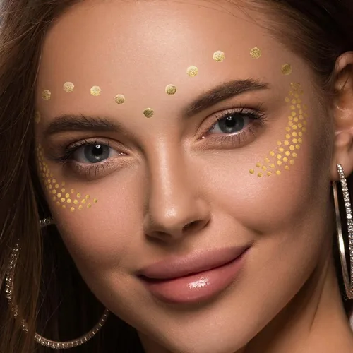 1 hoja de tatuajes faciales temporales metálicos dorados, pecas sintéticas, calcomanías de maquillaje, impermeables, brillantes, arte corporal para