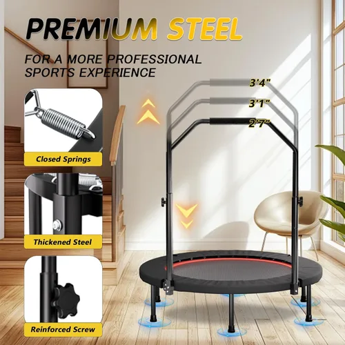 Miniatura 2 de Trampolín plegable portátil Fitnes en el hogar, mini rebote para niños, adultos, carga máxima de 40 pulgadas, 330 libras Negro (Black with handle)