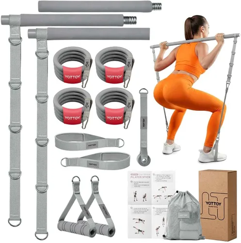 Miniatura 9 de YOTTOY Pilates Bar Kit with Resistance Bands - 3-Bar Pilates Workout Equipment for Legs, Hips, Waist & Arms Workout, Portable Home Gym Exercise Gris