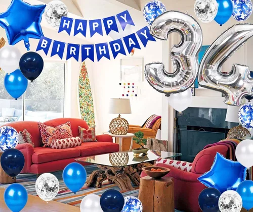 Miniatura 3 de Decoración de fiesta de cumpleaños de 34 años, color azul y plateado para hombres, pancarta de feliz cumpleaños número 34, globos de papel de 34th