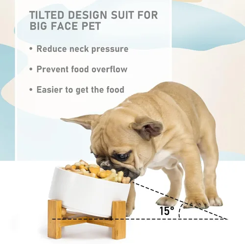 Miniatura 2 de SPUNKYJUNKY Cuenco de cerámica inclinado de 15° para perros y gatos con soporte de madera, cuenco inclinado para comida y agua para bulldog, Blanco