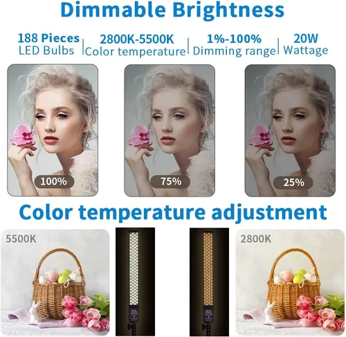 Miniatura 2 de Luz de video LED alimentada por batería, varita portátil de mano, regulable 2800-5500 K, kit de luz de estudio fotográfico con batería de iones