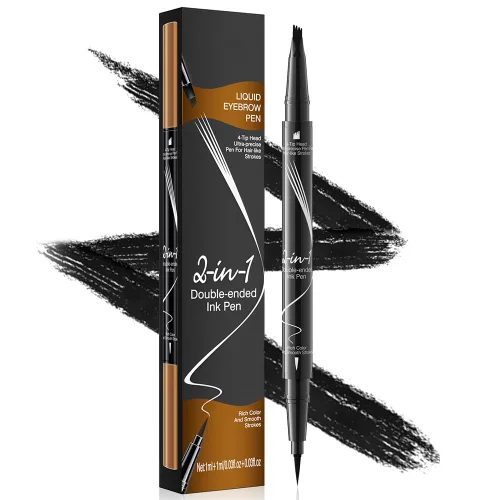 Pinkiou Lápiz de cejas Microblading - Lápiz de cejas 2 en 1 de doble punta con 4 puntas de tenedor y cepillo de precisión, negro